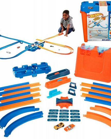 „Hot Wheels“ „Deluxe Stunt Box“ kaskadinių triukų rinkinys su dėže ir 2 automobiliukais GGP93
