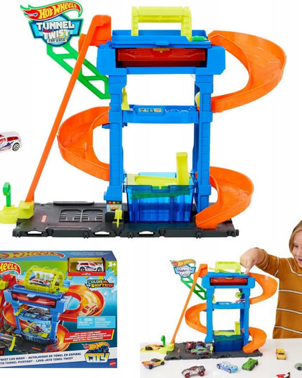 Hot Wheels City „Nuotykių posūkių“ plovykla su tuneliu ir spalvą keičiančiu automobiliuku HNT80
