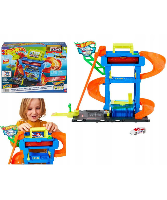 Hot Wheels City „Nuotykių posūkių“ plovykla su tuneliu ir spalvą keičiančiu automobiliuku HNT80
