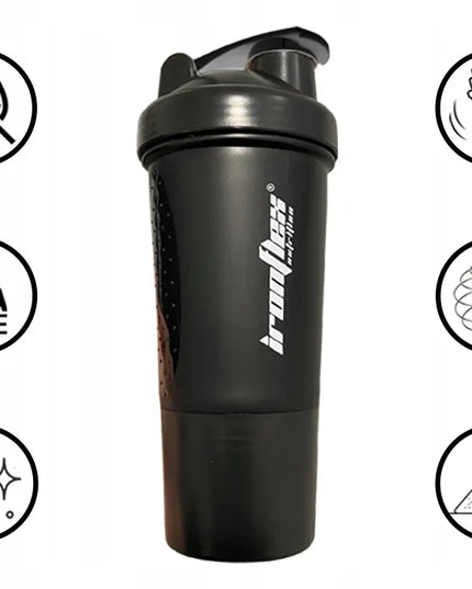 „IronFlex“ baltymų plaktuvas su papildų indeliu, 500 ml, sandarus, juodas