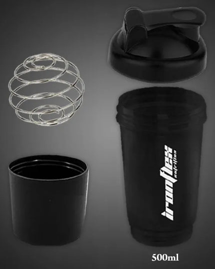 „IronFlex“ baltymų plaktuvas su papildų indeliu, 500 ml, sandarus, juodas