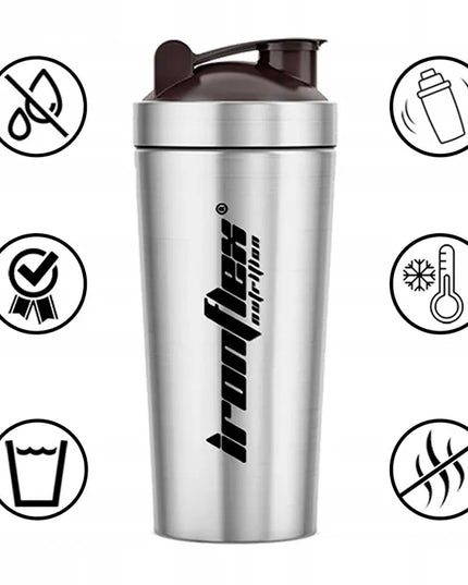 IronFlex plieninis shakeris 750 ml, pilkas, sandarus, su sieteliu ir snapeliu