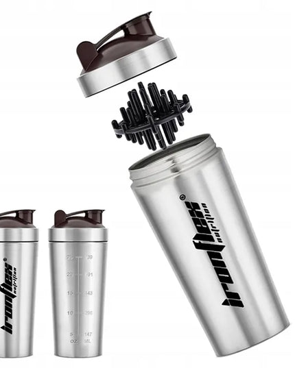 IronFlex plieninis shakeris 750 ml, pilkas, sandarus, su sieteliu ir snapeliu