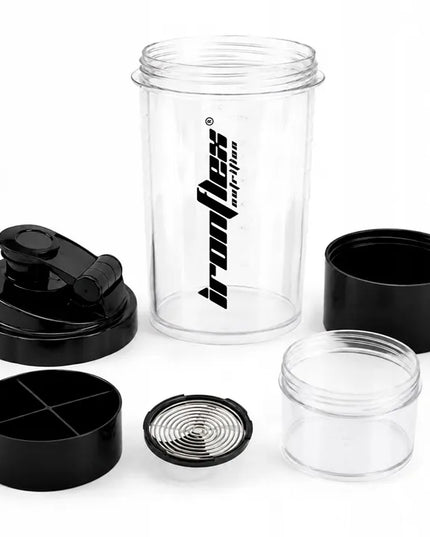 IronFlex Spider shakeris, 500 ml, sandarus, su baltymų ir papildų talpyklomis