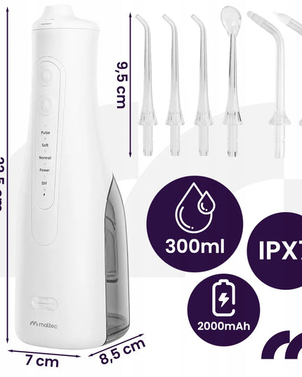 Belaidis burnos irigatorius MalTec Toothie X70, IPX7, 6 antgaliai, 300 ml, su dėklu