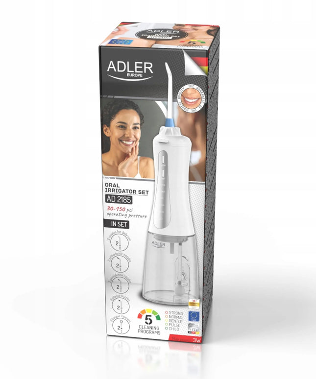 Belaidis dantų irigatorius „Adler AD2185“, 10 antgalių, 5 režimai, USB-C, 350 ml