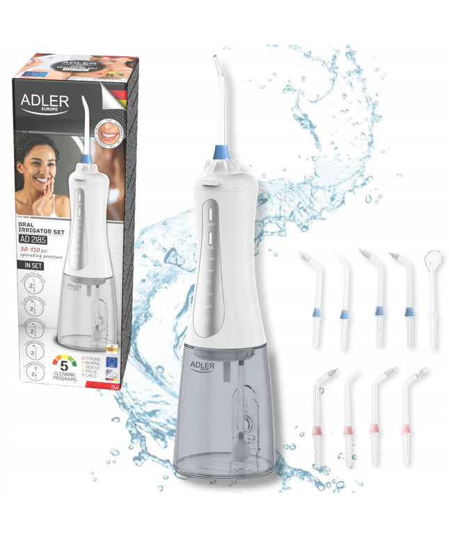 Belaidis dantų irigatorius „Adler AD2185“, 10 antgalių, 5 režimai, USB-C, 350 ml
