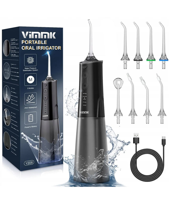 Belaidis burnos irigatorius „VIMMK“, 300 ml, IPX7, 5 režimai, 8 antgaliai, juodas