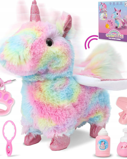 Interaktyvus vienaragis pliušinis žaislas, vaikštantis su pavadėliu, maitinamas baterijomis