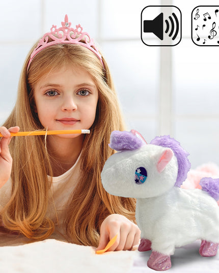 Interaktyvus vienaragis pliušinis žaislas, vaikštantis su pavadėliu, maitinamas baterijomis