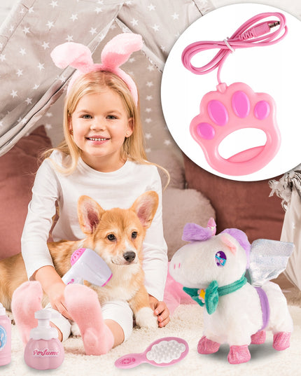 Interaktyvus vienaragis pliušinis žaislas, vaikštantis su pavadėliu, maitinamas baterijomis