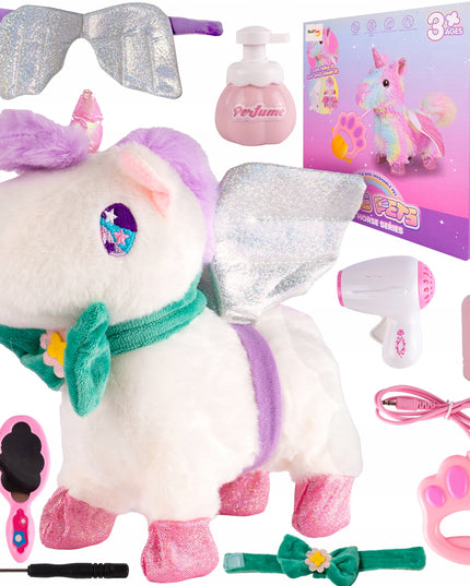 Interaktyvus vienaragis pliušinis žaislas, vaikštantis su pavadėliu, maitinamas baterijomis