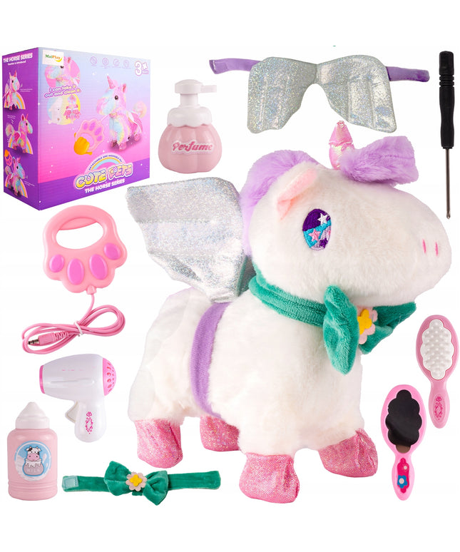 Interaktyvus vienaragis pliušinis žaislas, vaikštantis su pavadėliu, maitinamas baterijomis