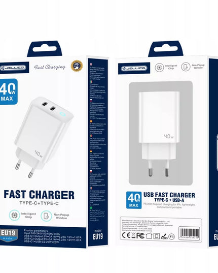 Jellico tinklo įkroviklis EU19 GaN PD 20W + 20W 2xUSB-C baltos spalvos