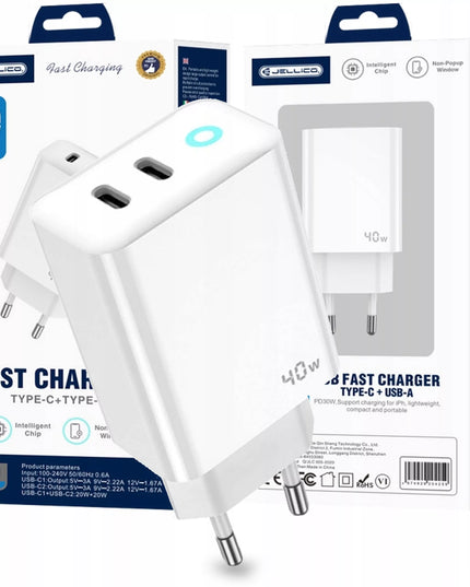 Jellico tinklo įkroviklis EU19 GaN PD 20W + 20W 2xUSB-C baltos spalvos