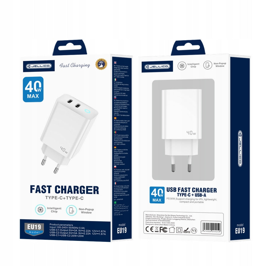 JELLICO maitinimo adapteris EU19 GaN PD 40W 2xUSB-C Baltas + Kabelis 2x USB-C