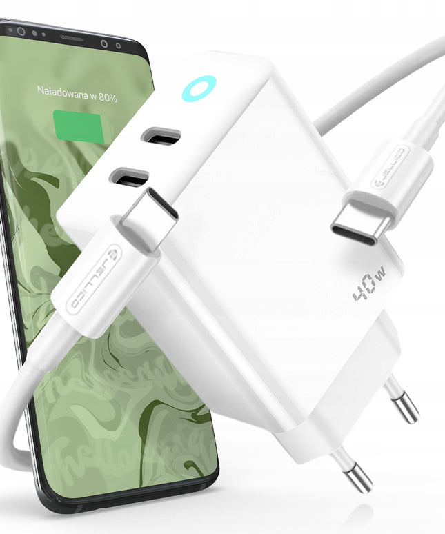 JELLICO maitinimo adapteris EU19 GaN PD 40W 2xUSB-C Baltas + Kabelis 2x USB-C