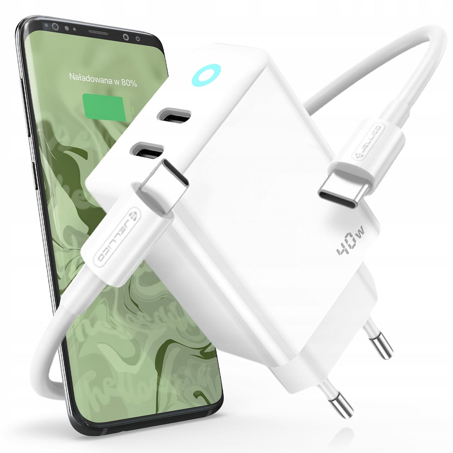 JELLICO maitinimo adapteris EU19 GaN PD 40W 2xUSB-C Baltas + Kabelis 2x USB-C