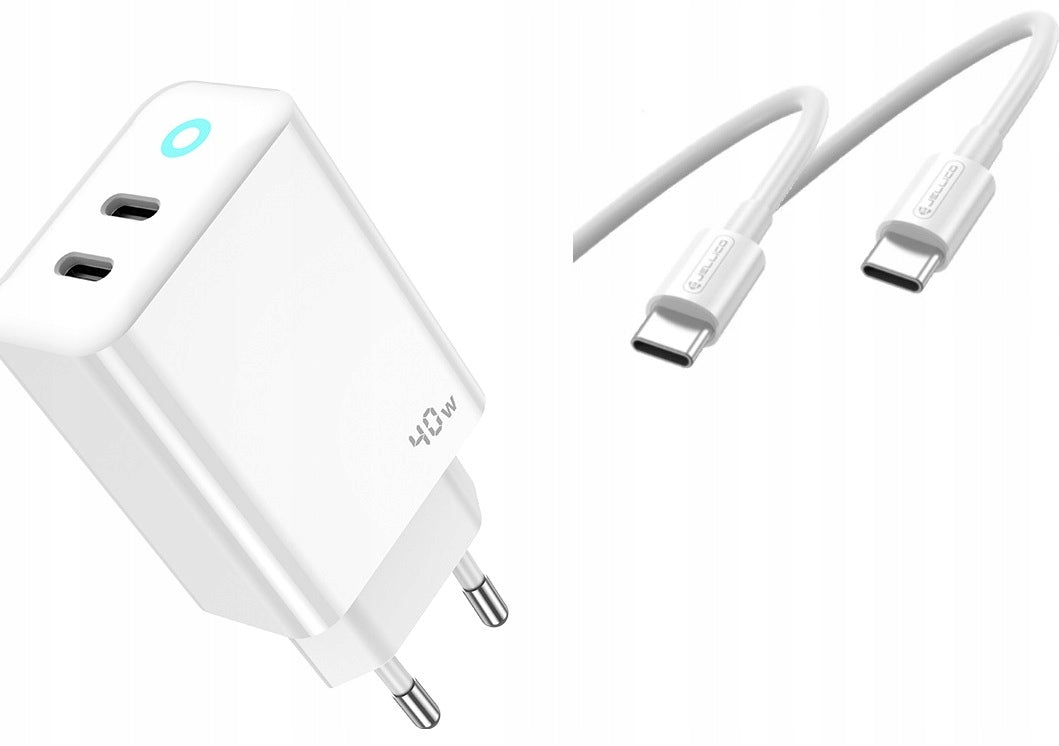 JELLICO maitinimo adapteris EU19 GaN PD 40W 2xUSB-C Baltas + Kabelis 2x USB-C