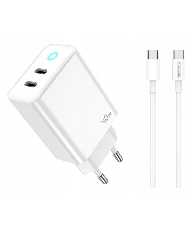 JELLICO maitinimo adapteris EU19 GaN PD 40W 2xUSB-C Baltas + Kabelis 2x USB-C