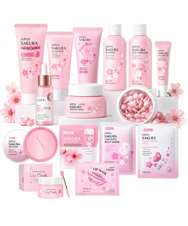Japan Sakura 15 kosmetikos priemonių rinkinys veidui, plaukams ir rankoms - puiki dovana