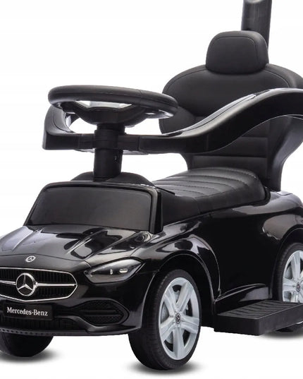 Vaikiškas paspirtukas-stumdukas „Mercedes C-Class“ su valdymo rankena ir pakojomis