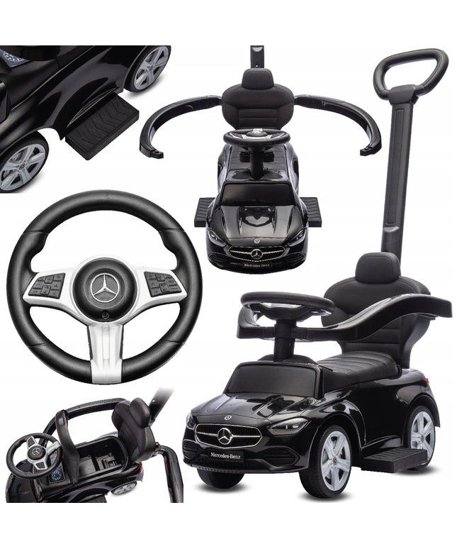 Vaikiškas paspirtukas-stumdukas „Mercedes C-Class“ su valdymo rankena ir pakojomis