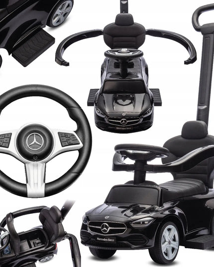 Vaikiškas paspirtukas-stumdukas „Mercedes C-Class“ su valdymo rankena ir pakojomis