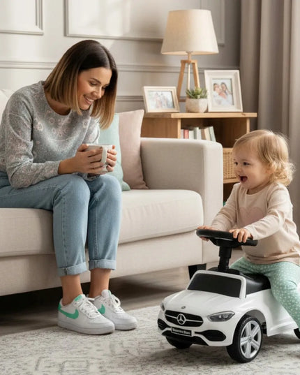 Vaikiškas paspiriamas automobilis-vaikštynė Mercedes C-Class su garsais ir daiktadėže SUN BABY