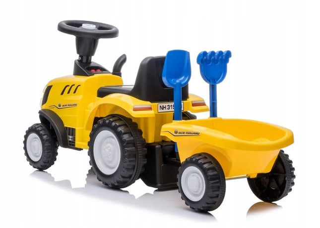 Vaikiškas paspirtukas traktorius su priekaba New Holland geltonas