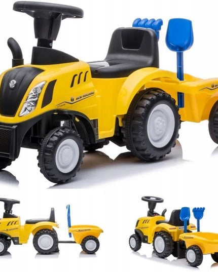 Vaikiškas paspirtukas traktorius su priekaba New Holland geltonas