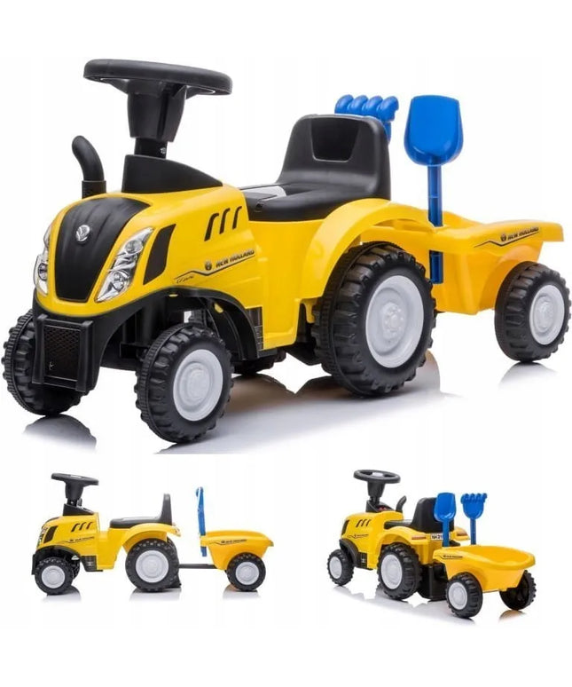 Vaikiškas paspirtukas traktorius su priekaba New Holland geltonas