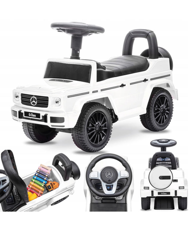 Vaikiškas paspirtukas stumdukas vaikštynė Mercedes Benz G350d baltas SUN BABY