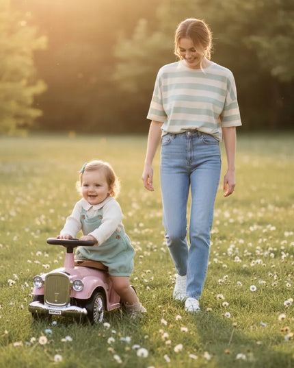 Sun Baby Retro pasyvinis paspirtukas vaikams su daiktadėže, pudros rožinė