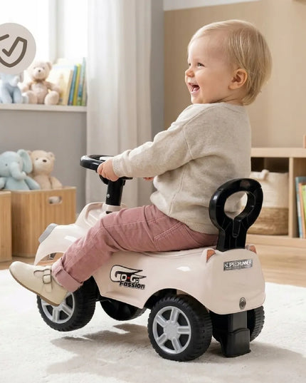 Sun Baby pasyvinis vaikiškas automobilis GO GO su garsais ir atrama, baltas
