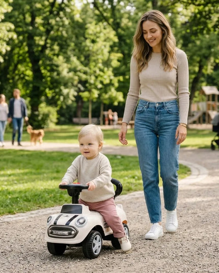 Sun Baby pasyvinis vaikiškas automobilis GO GO su garsais ir atrama, baltas
