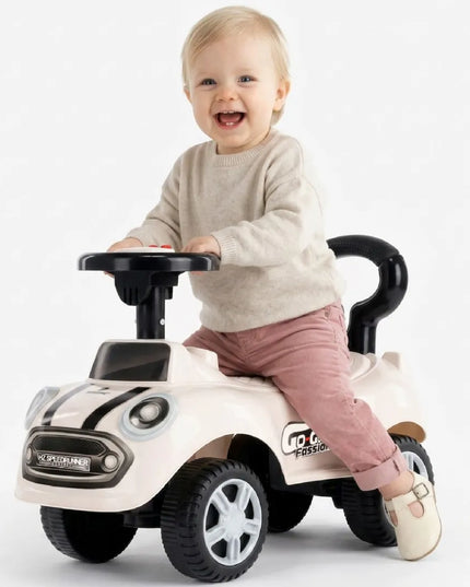 Sun Baby pasyvinis vaikiškas automobilis GO GO su garsais ir atrama, baltas