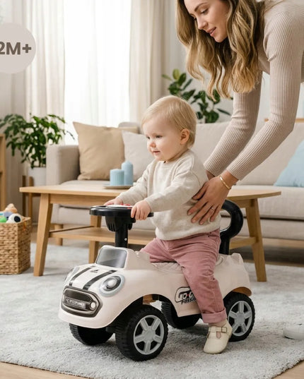Sun Baby pasyvinis vaikiškas automobilis GO GO su garsais ir atrama, baltas