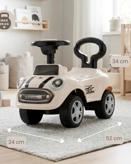 Sun Baby pasyvinis vaikiškas automobilis GO GO su garsais ir atrama, baltas