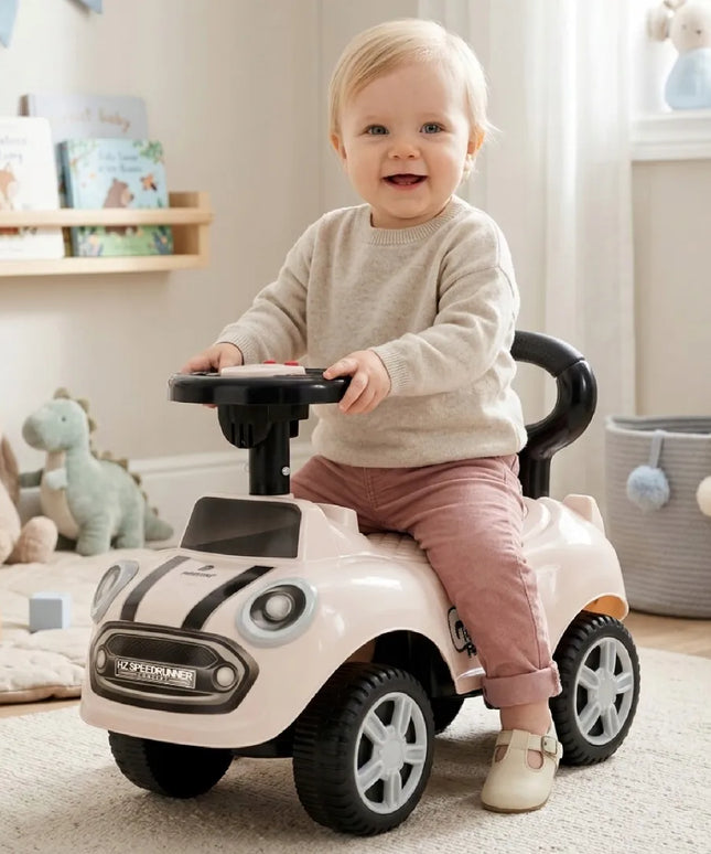 Sun Baby pasyvinis vaikiškas automobilis GO GO su garsais ir atrama, baltas