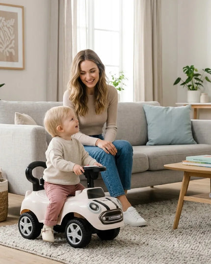 Sun Baby pasyvinis vaikiškas automobilis GO GO su garsais ir atrama, baltas