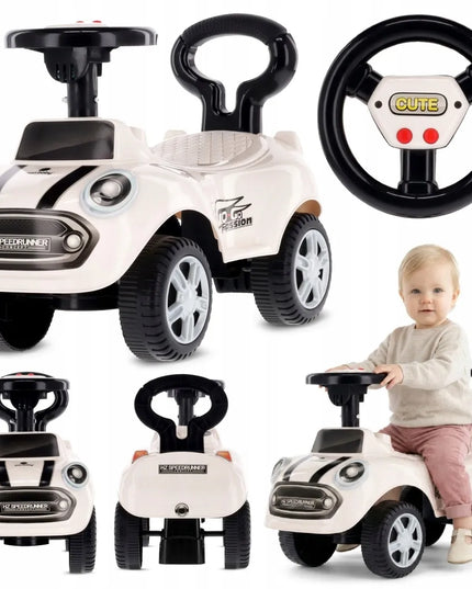 Sun Baby pasyvinis vaikiškas automobilis GO GO su garsais ir atrama, baltas