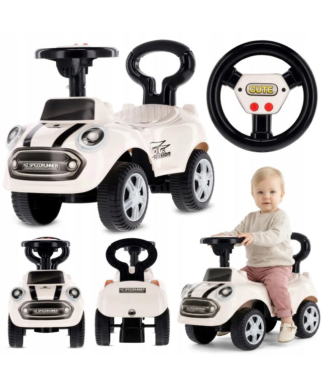 Sun Baby pasyvinis vaikiškas automobilis GO GO su garsais ir atrama, baltas