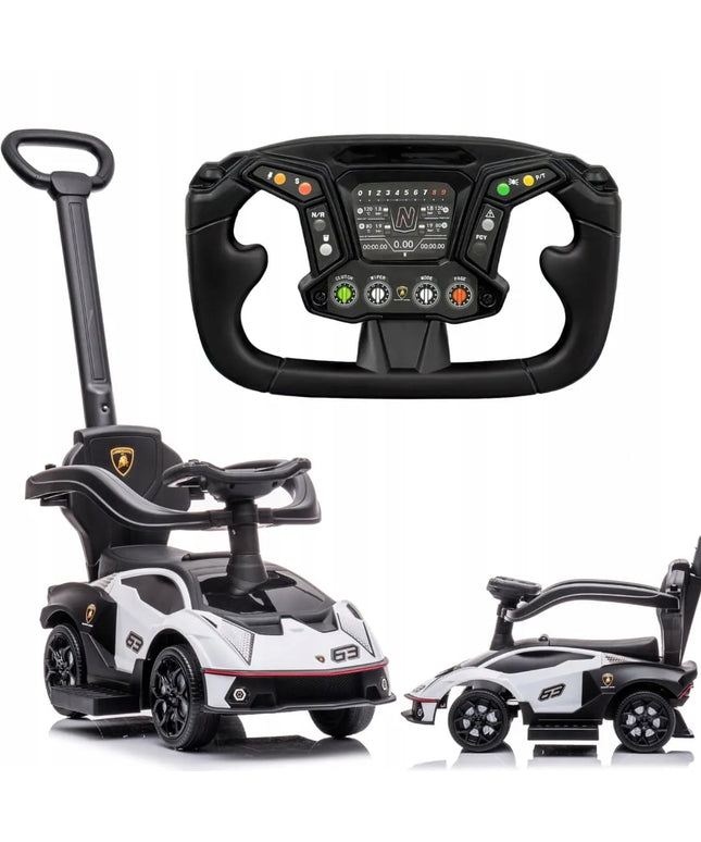 Vaikiškas paspirtukas-automobilis su stūmikliu Lamborghini Essenza SCV12, baltas