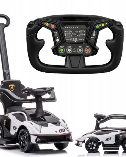 Vaikiškas paspirtukas-automobilis su stūmikliu Lamborghini Essenza SCV12, baltas