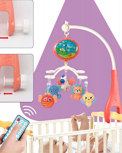 Kūdikio lovelės karuselė su projektoriumi, pulteliu, barškučiais, 100 melodijų ir laikmačiu