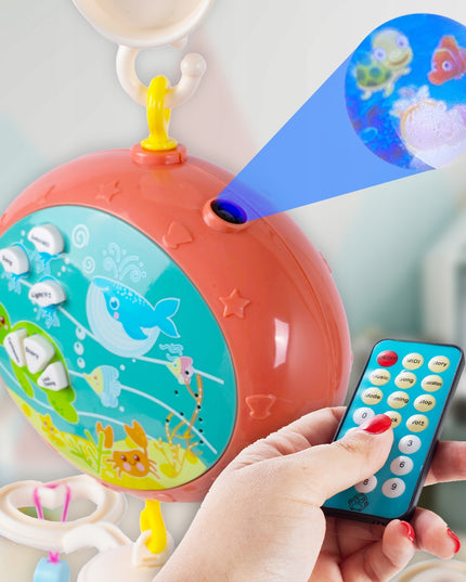 Kūdikio lovelės karuselė su projektoriumi, pulteliu, barškučiais, 100 melodijų ir laikmačiu