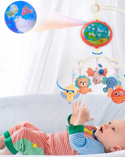 Kūdikio lovelės karuselė su projektoriumi, pulteliu, barškučiais, 100 melodijų ir laikmačiu