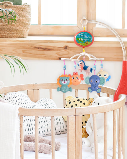 Kūdikio lovelės karuselė su projektoriumi, pulteliu, barškučiais, 100 melodijų ir laikmačiu