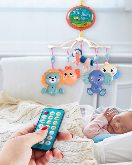 Kūdikio lovelės karuselė su projektoriumi, pulteliu, barškučiais, 100 melodijų ir laikmačiu